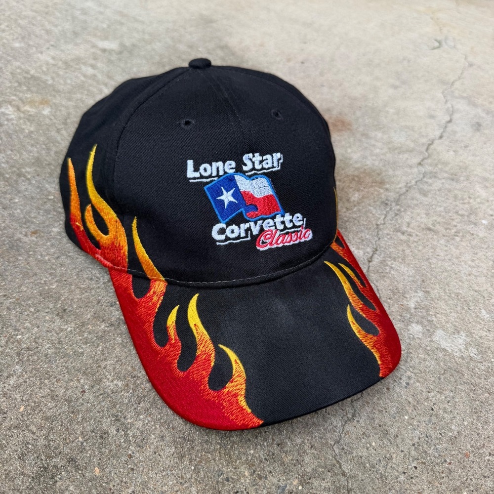 Y2K Nissun Cap Lone Star Corvette Classic Black Flame Embroidered Hat Texas Flag